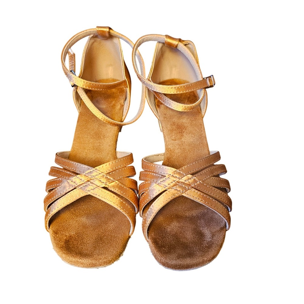 Bronze Satin Ballroom Latin Dance Shoes Strappy Block Heel Suede Sole Size 8